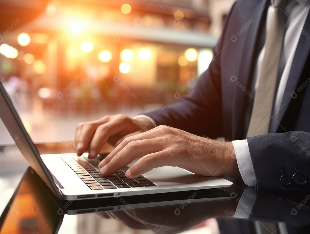 Mão do empresário usando laptop, sem porta café