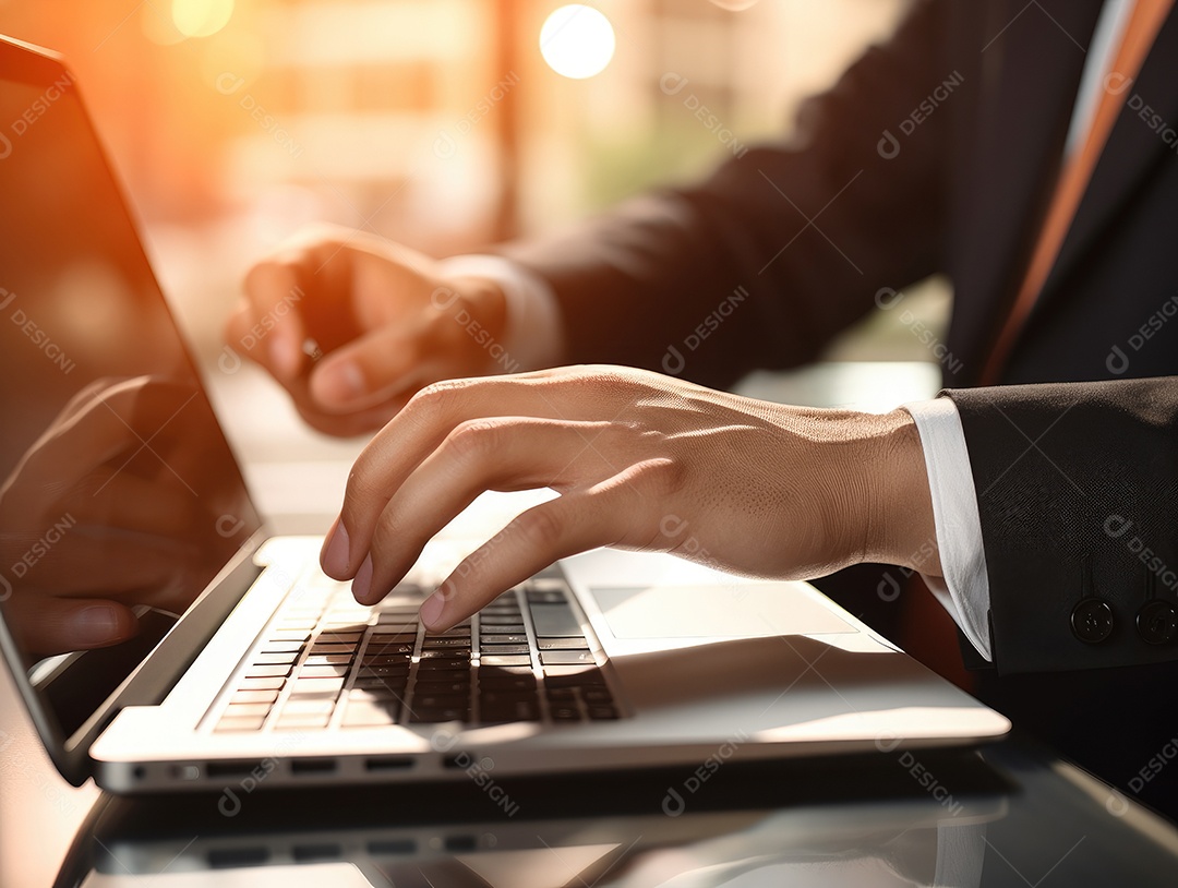 Mão do empresário usando laptop, sem porta café