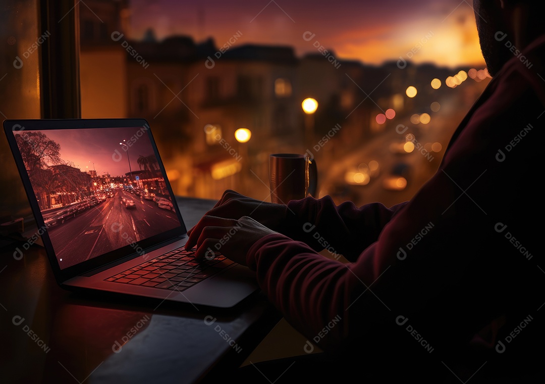 Mão do empresário usando laptop, sem porta café