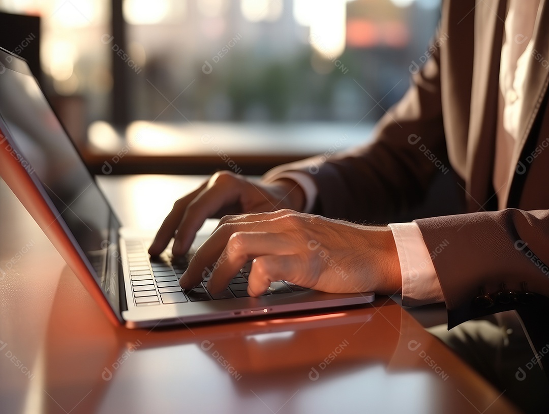 Mão do empresário usando laptop, sem porta café