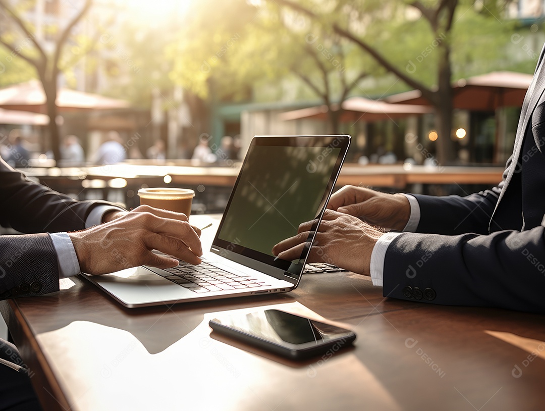 Mão do empresário usando laptop, sem porta café