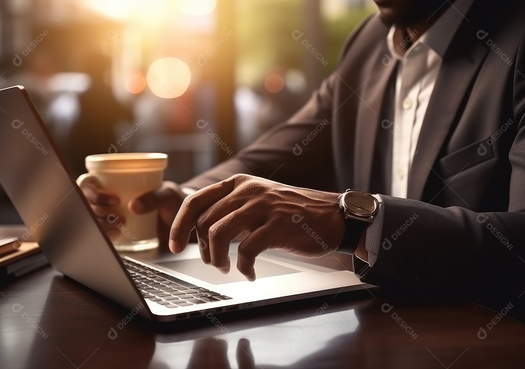 Mão do empresário usando laptop, sem porta café