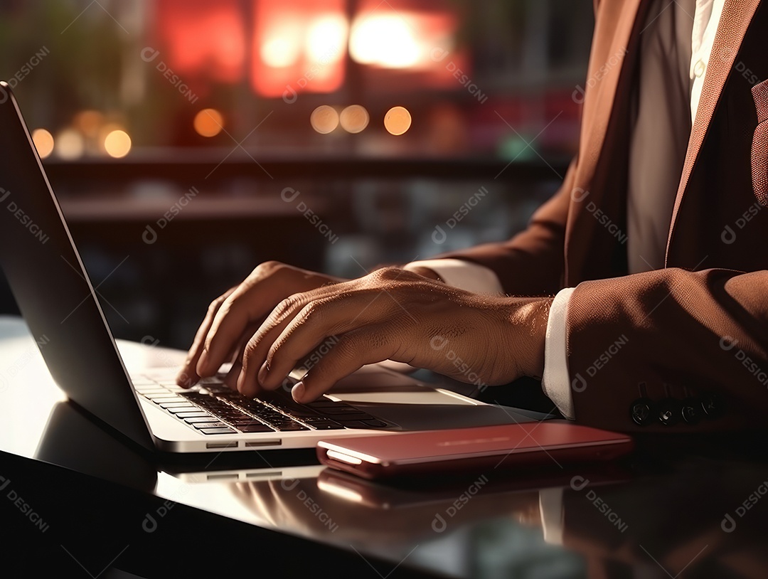 Mão do empresário usando laptop, sem porta café