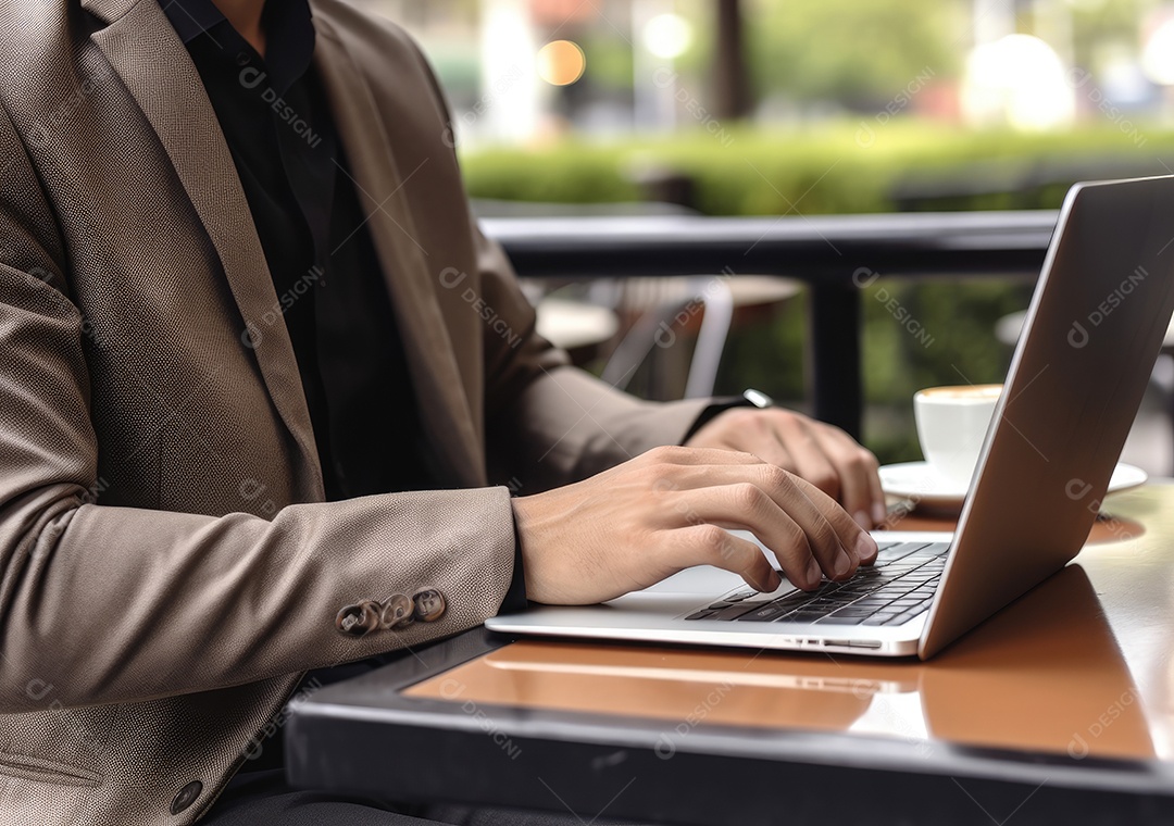 Mão do empresário usando laptop, sem porta café