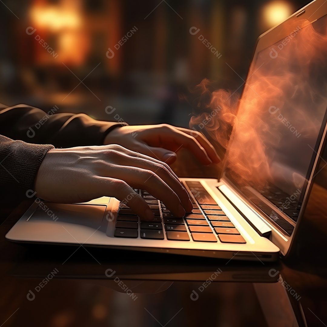 Mão do empresário usando laptop, sem porta café