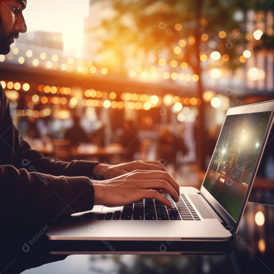 Mão do empresário usando laptop, sem porta café