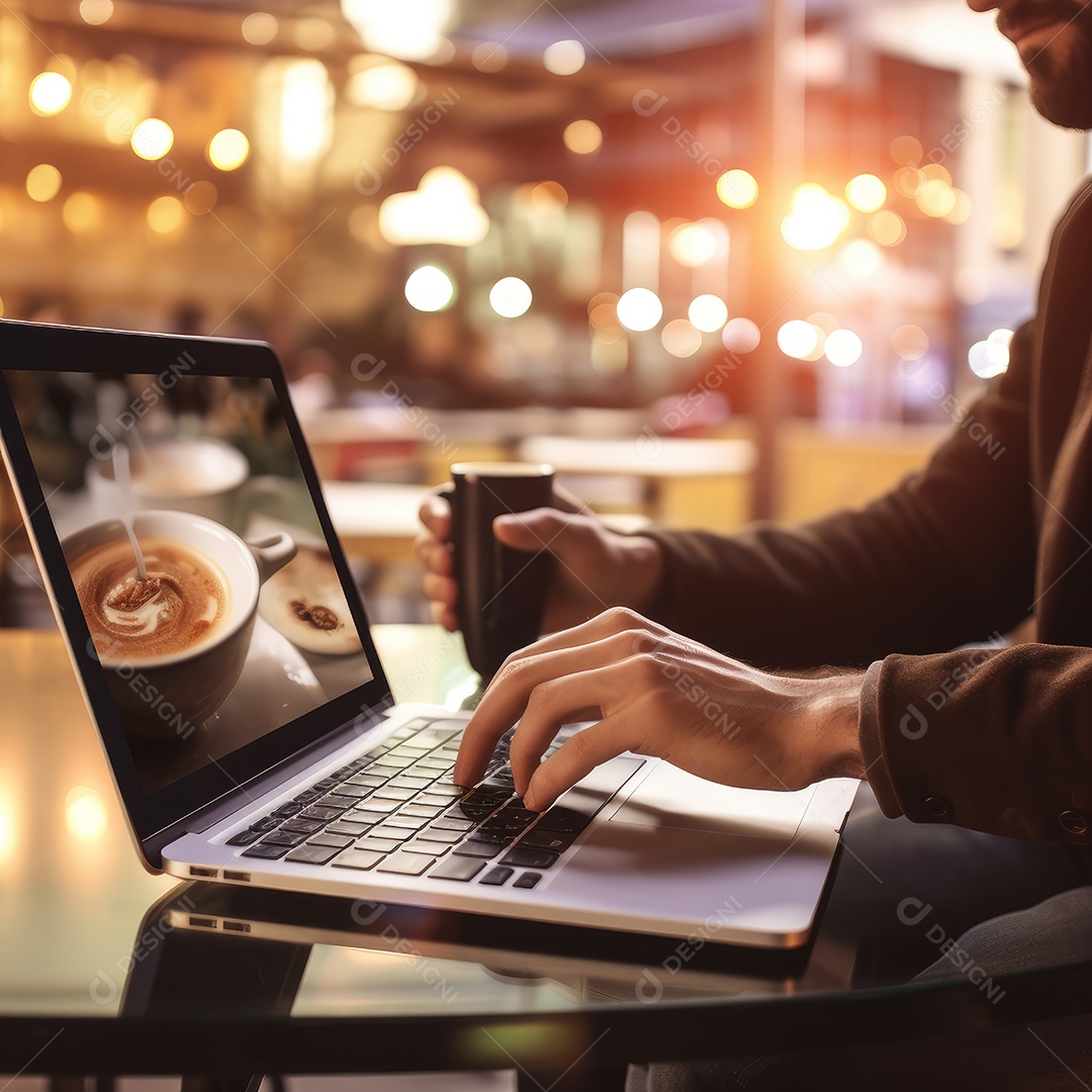 Mão do empresário usando laptop, sem porta café