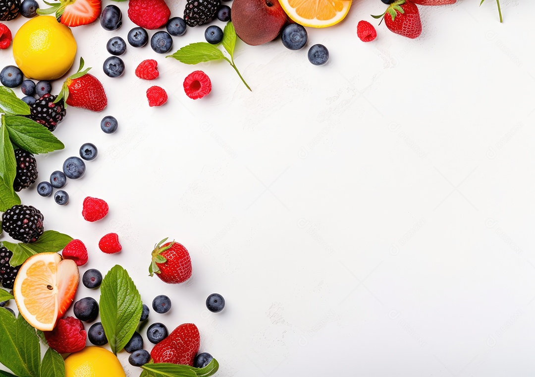 Quadro de frutas frescas em fundo branco da moldura da baga