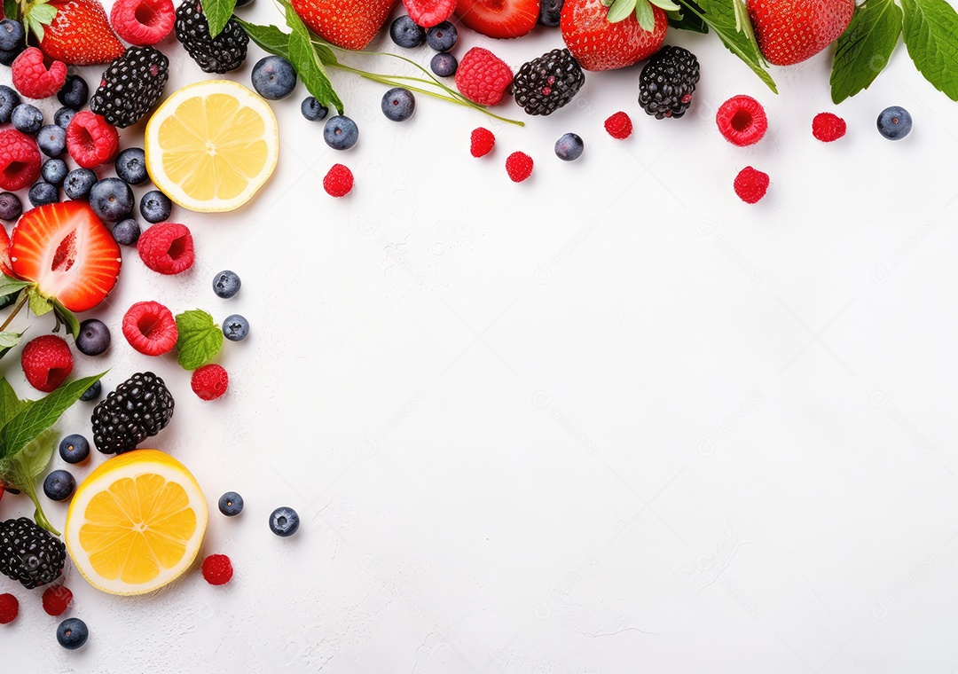 Quadro de frutas frescas em fundo branco da moldura da baga