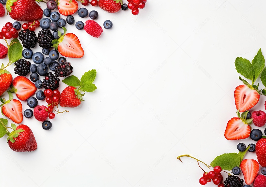 Quadro de frutas frescas em fundo branco da moldura da baga