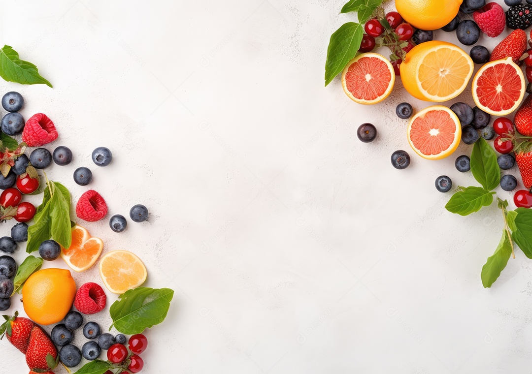 Quadro de frutas frescas em fundo branco da moldura da baga