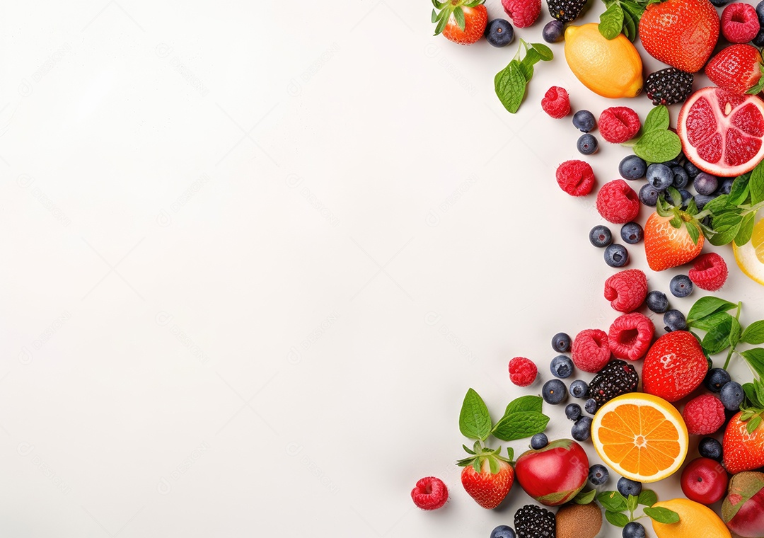 Quadro de frutas frescas em fundo branco da moldura da baga