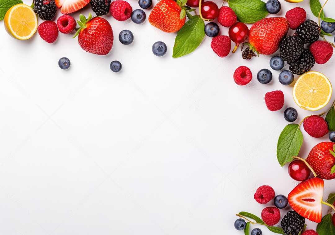 Quadro de frutas frescas em fundo branco da moldura da baga