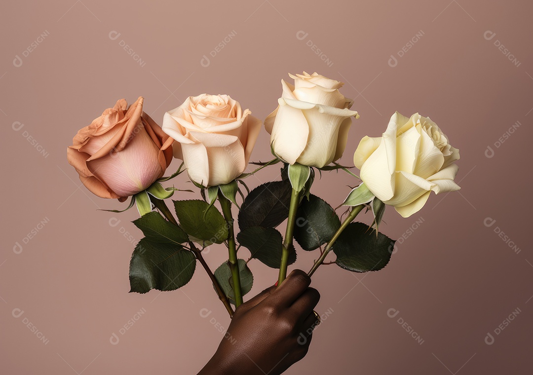 Feche de mãos de diferentes cores de pele segurando lindas rosas. IA generativa.