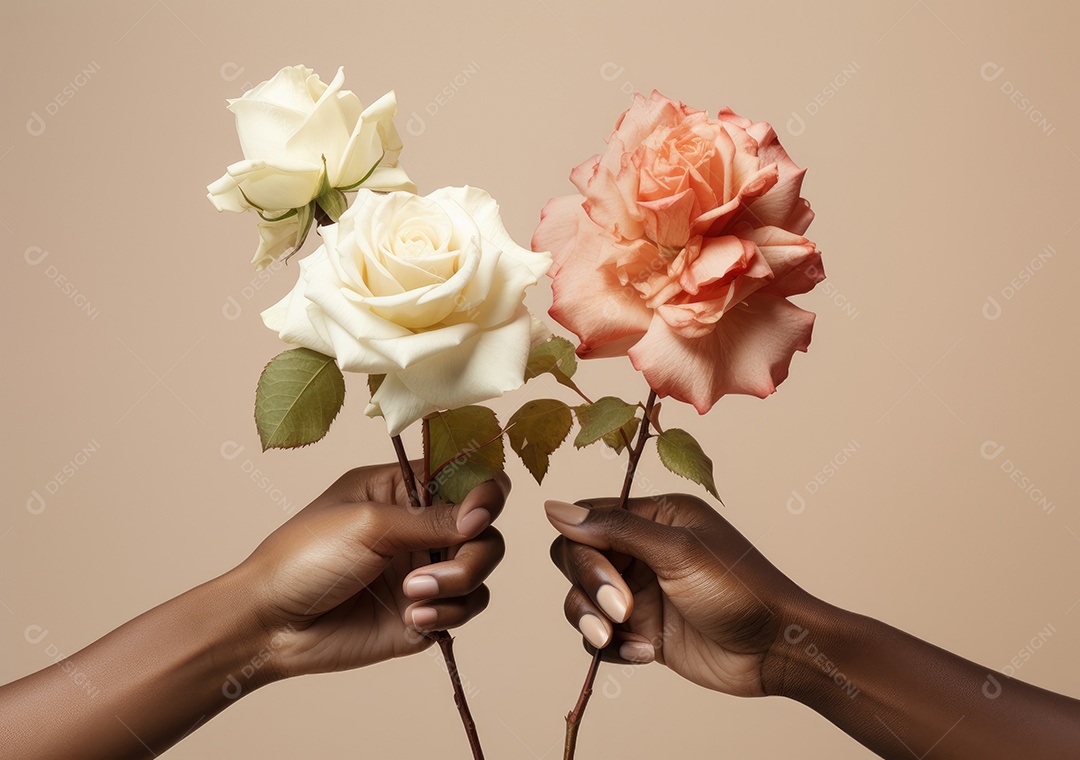 Feche de mãos de diferentes cores de pele segurando lindas rosas. IA generativa.