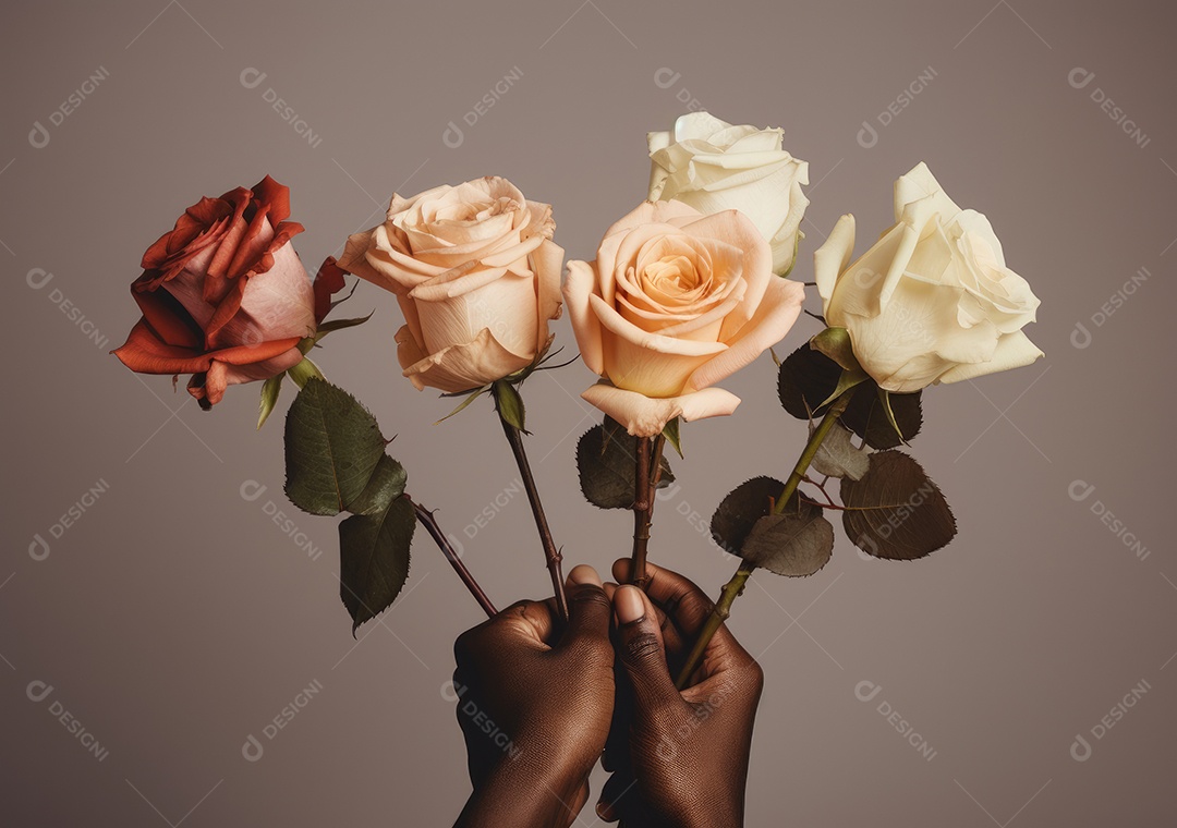 Feche de mãos de diferentes cores de pele segurando lindas rosas. IA generativa.