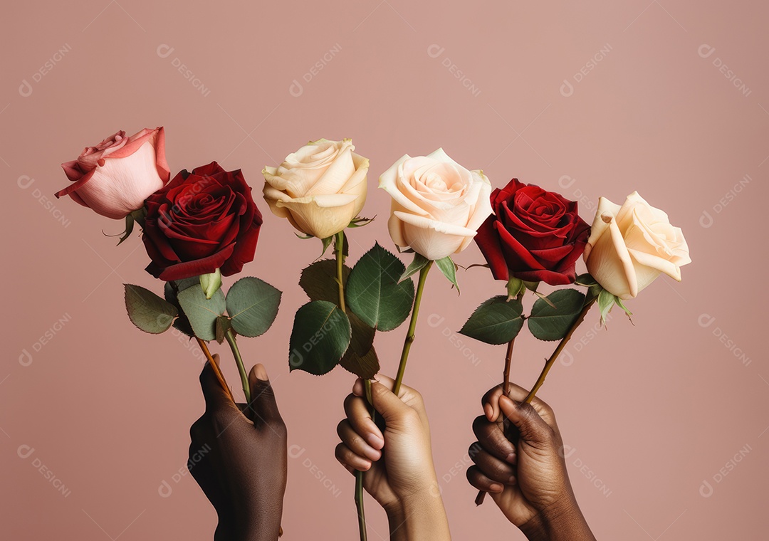 Feche de mãos de diferentes cores de pele segurando lindas rosas. IA generativa.