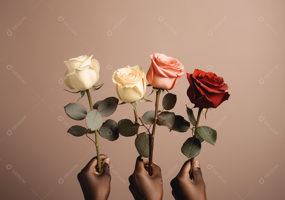 Feche de mãos de diferentes cores de pele segurando lindas rosas. IA generativa.