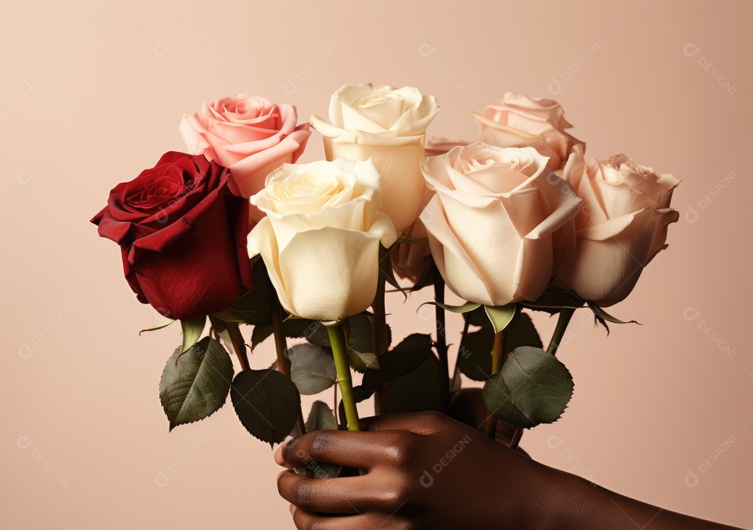 Feche de mãos de diferentes cores de pele segurando lindas rosas. IA generativa.