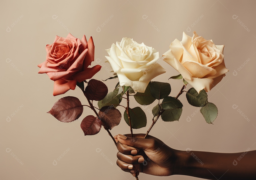 Feche de mãos de diferentes cores de pele segurando lindas rosas. IA generativa.