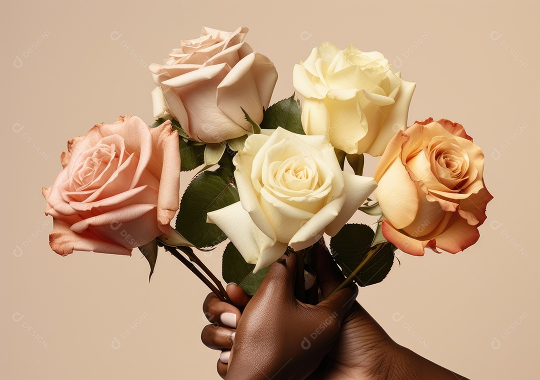 Feche de mãos de diferentes cores de pele segurando lindas rosas. IA generativa.