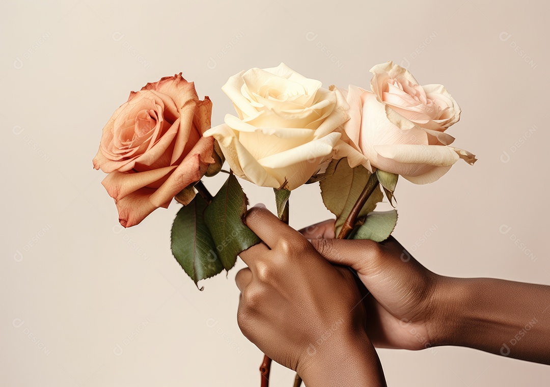 Feche de mãos de diferentes cores de pele segurando lindas rosas. IA generativa.