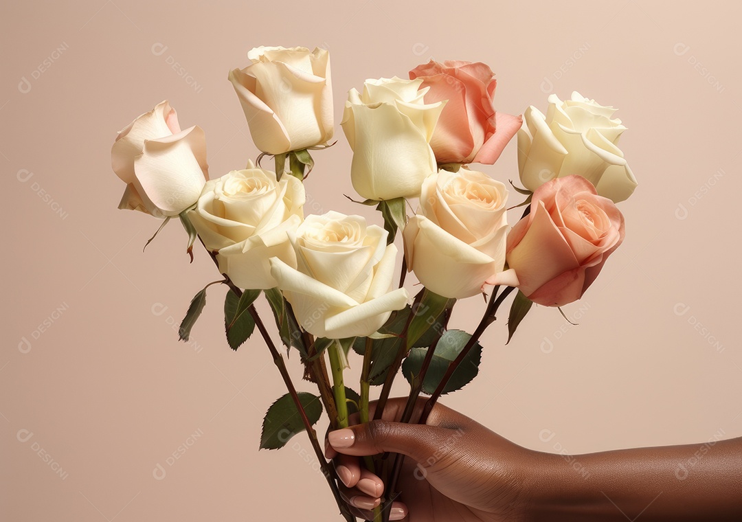 Feche de mãos de diferentes cores de pele segurando lindas rosas. IA generativa.