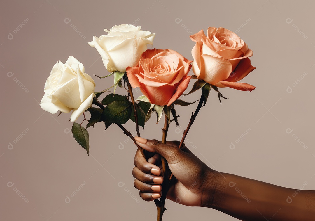 Feche de mãos de diferentes cores de pele segurando lindas rosas. IA generativa.