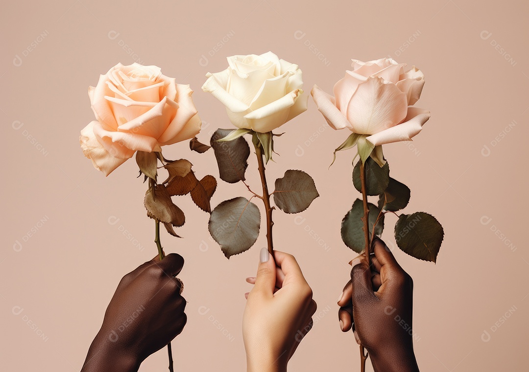 Feche de mãos de diferentes cores de pele segurando lindas rosas. IA generativa.