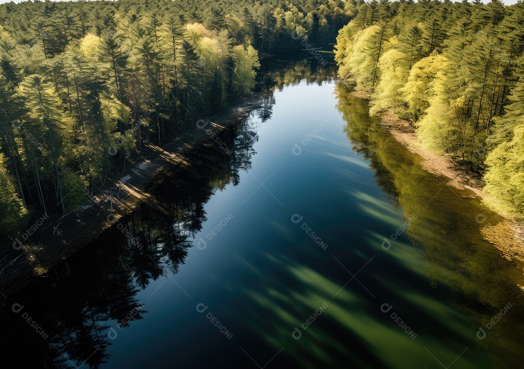 Vista aérea do lago, lago no nascer do sol da manhã. Ecossistemas de água doce, zonas húmidas e protecção ambiental.