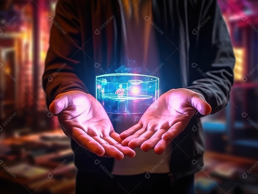 Tecnologia de rede global ai, holograma com luz e mão de humana