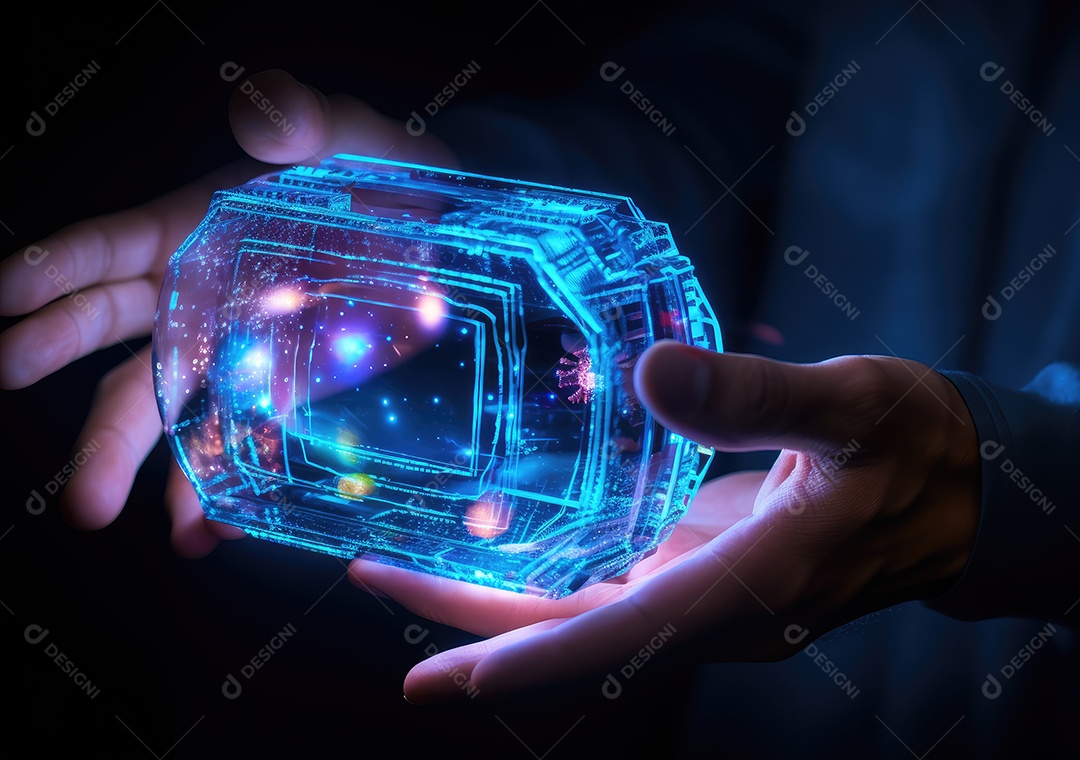 Tecnologia de rede global ai, holograma com luz e mão de humana