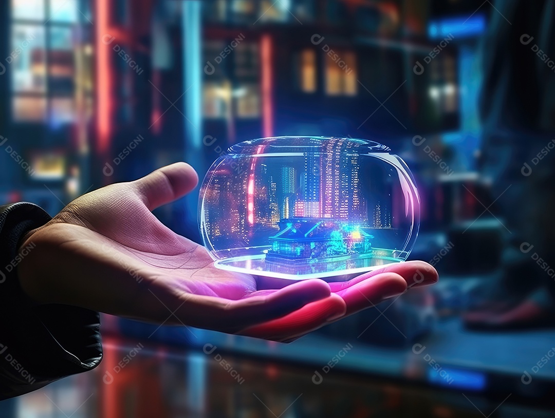 Tecnologia de rede global ai, holograma com luz e mão de humana