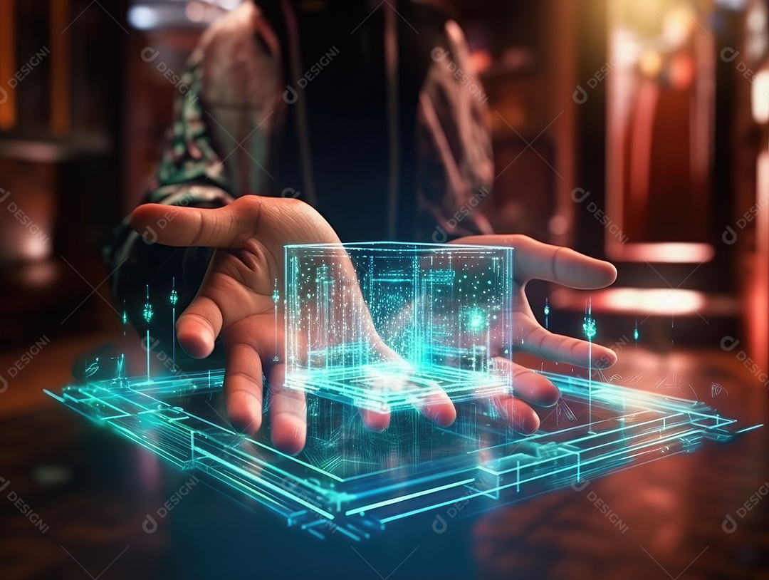 Tecnologia de rede global ai, holograma com luz e mão de humana