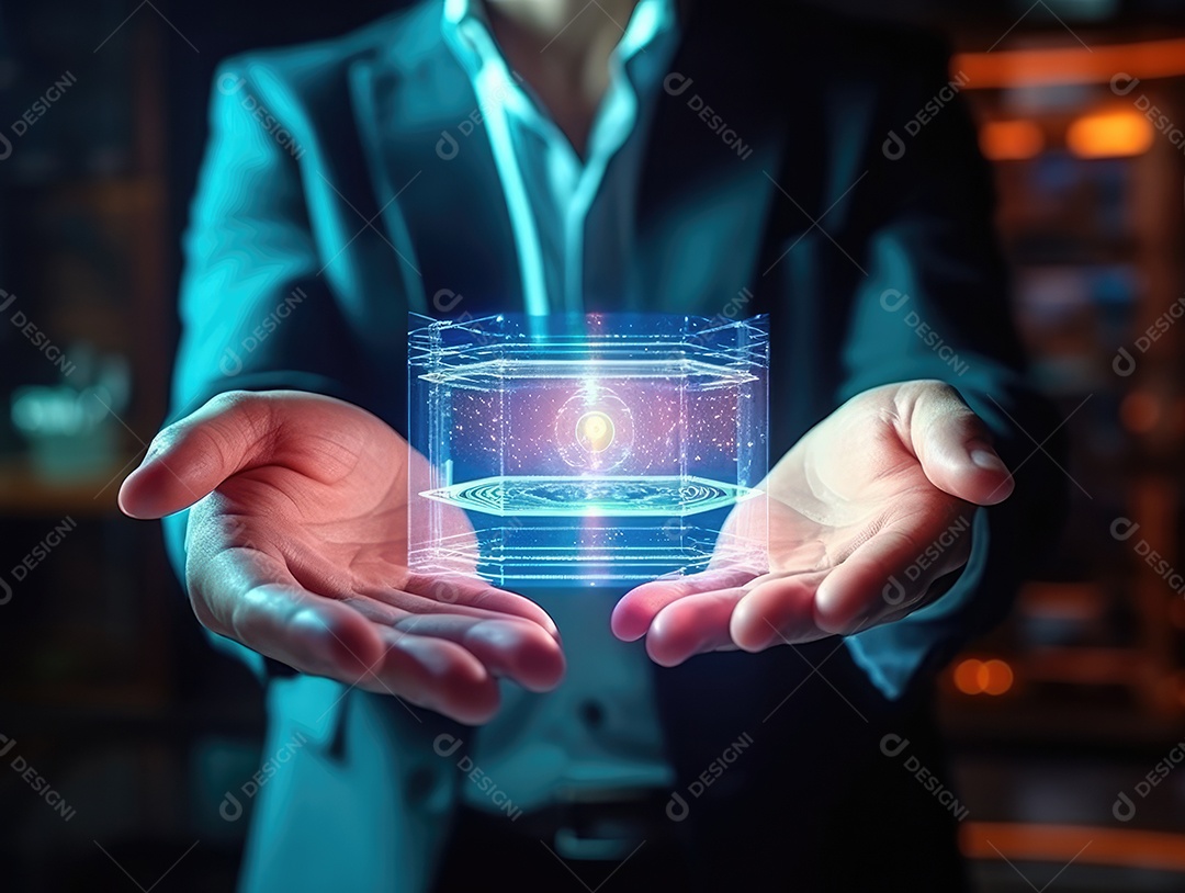 Tecnologia de rede global ai, holograma com luz e mão de humana