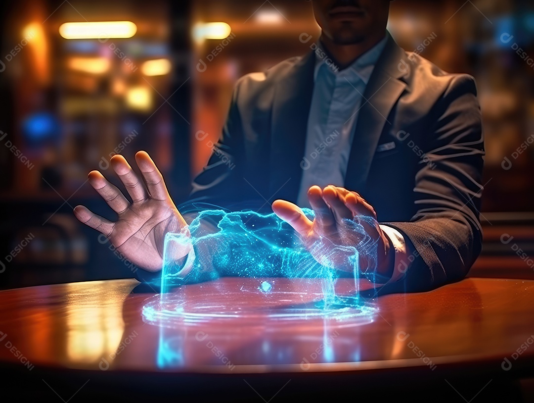 Tecnologia de rede global ai, holograma com luz e mão de humana