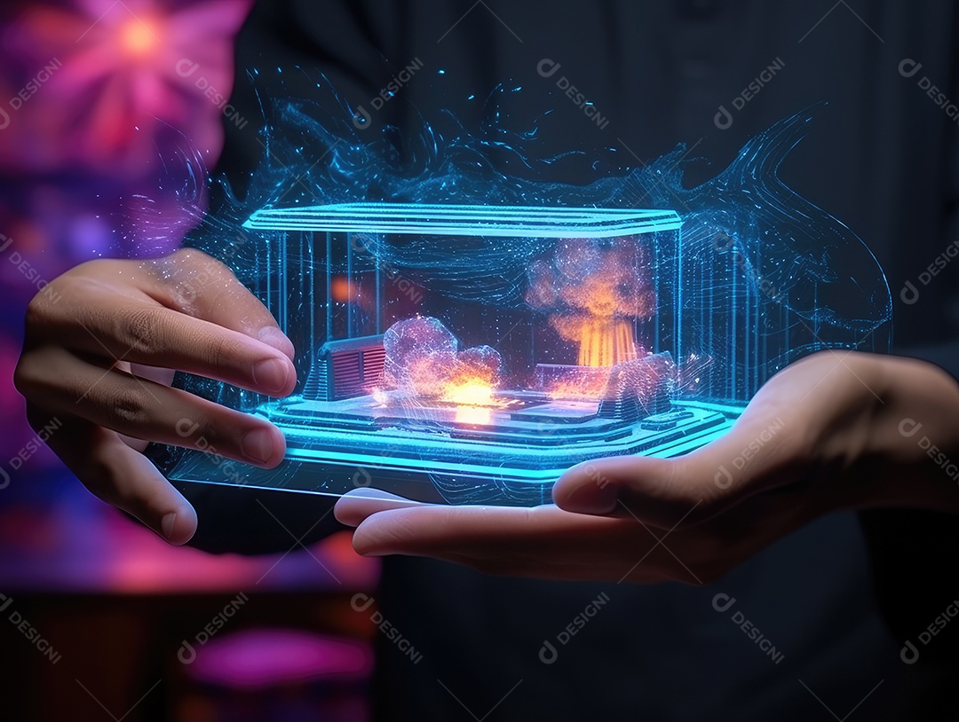 Tecnologia de rede global ai, holograma com luz e mão de humana