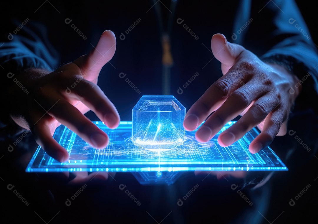 Tecnologia de rede global ai, holograma com luz e mão de humana