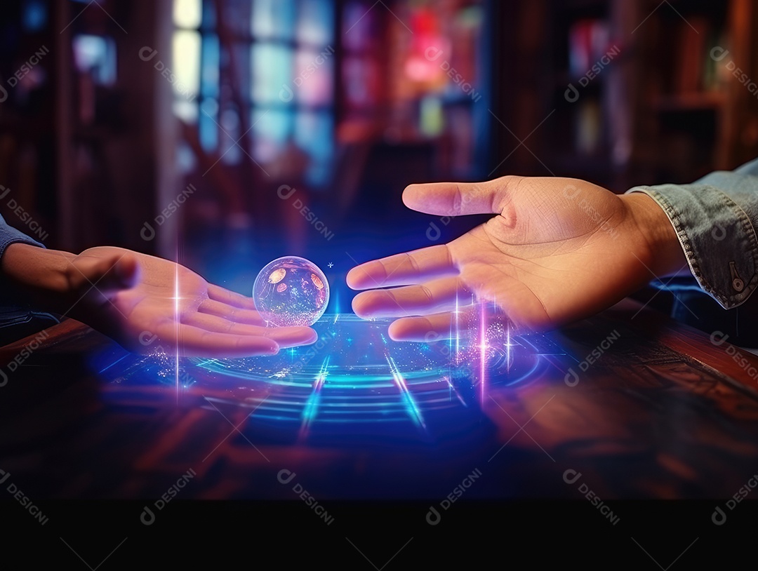 Tecnologia de rede global ai, holograma com luz e mão de humana