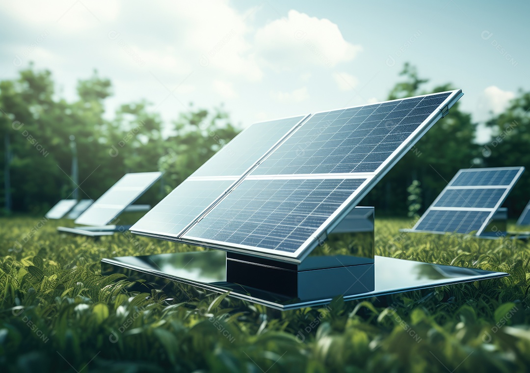 Painel solar moderno no telhado com plantas de manhã, painel solar no telhado vermelho refletindo sol e céu azul sem nuvens.