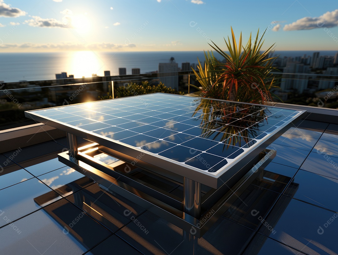 Painel solar moderno no telhado com plantas de manhã, painel solar no telhado vermelho refletindo sol e céu azul sem nuvens.