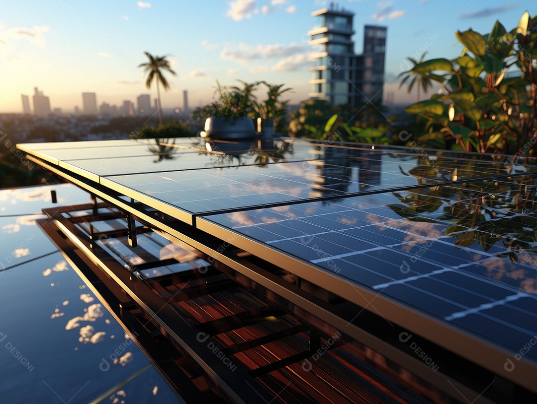 Painel solar moderno no telhado com plantas de manhã, painel solar no telhado vermelho refletindo sol e céu azul sem nuvens.