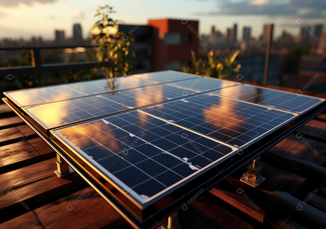 Painel solar moderno no telhado com plantas de manhã, painel solar no telhado vermelho refletindo sol e céu azul sem nuvens.