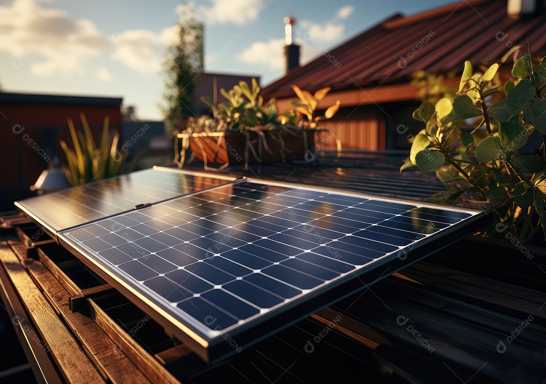 Painel solar moderno no telhado com plantas de manhã, painel solar
