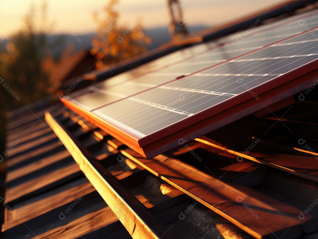 Painel solar moderno no telhado com plantas de manhã, painel solar