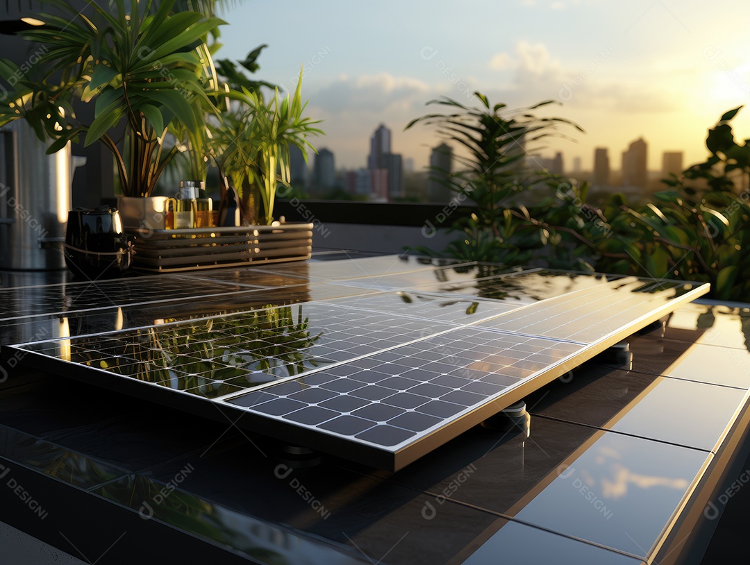 Painel solar moderno no telhado com plantas de manhã, painel solar