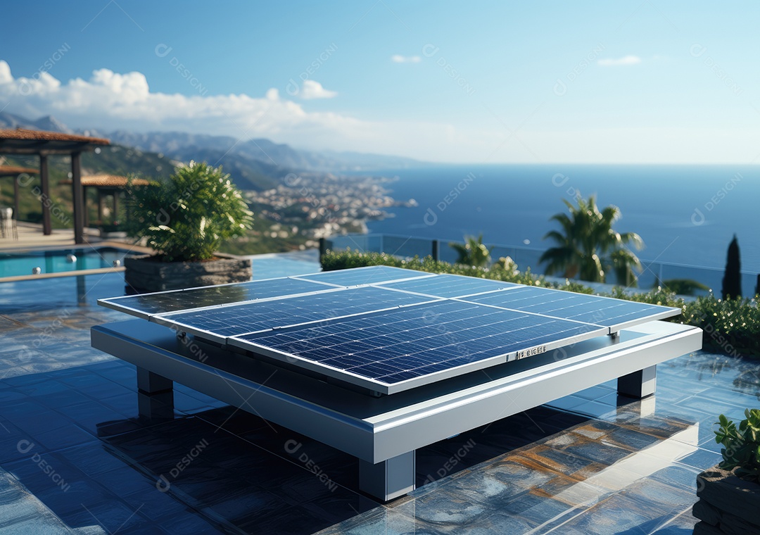 Painel solar moderno no telhado com plantas de manhã, painel solar