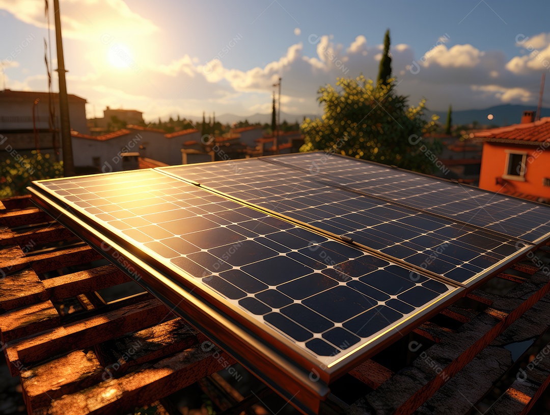 Painel solar moderno no telhado com plantas de manhã, painel solar