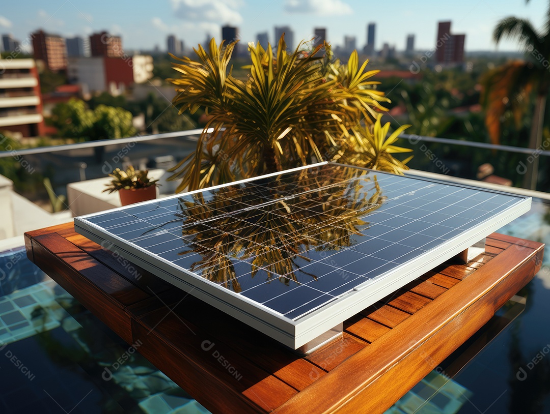 Painel solar moderno no telhado com plantas de manhã, painel solar