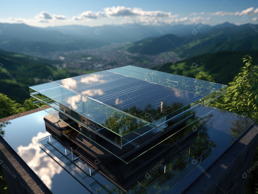 Painel solar moderno no telhado com plantas de manhã, painel solar